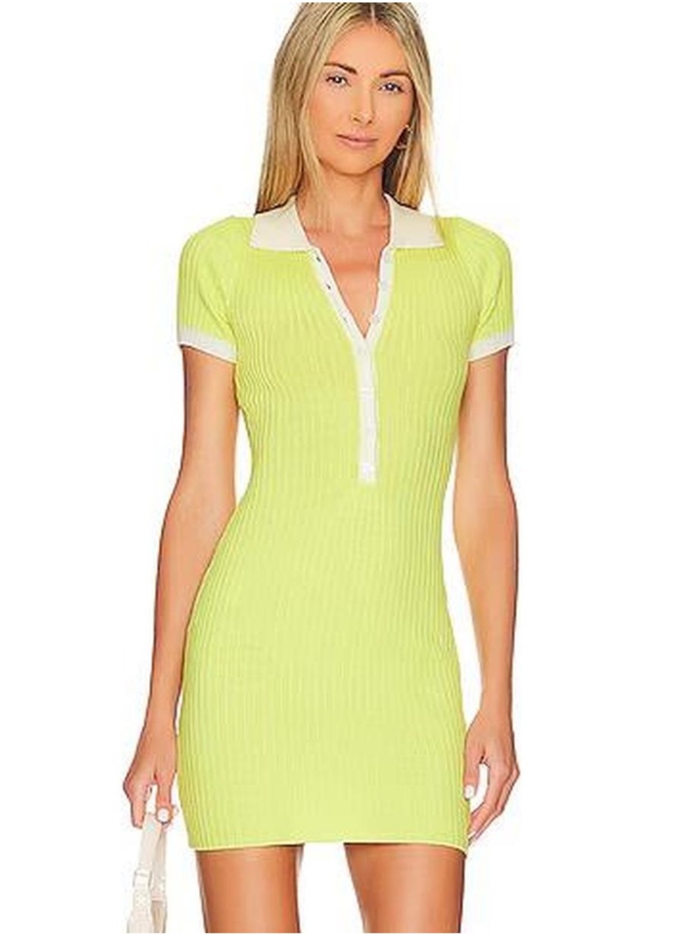 ALL THE WAYS Lime Green Ribbed Knit Polo Mini Dress Size S